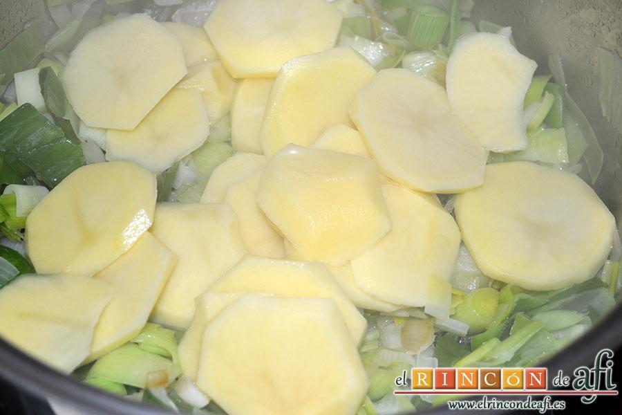 Crema de puerros, cuando estén reahogados añadimos las papas peladas y cortadas