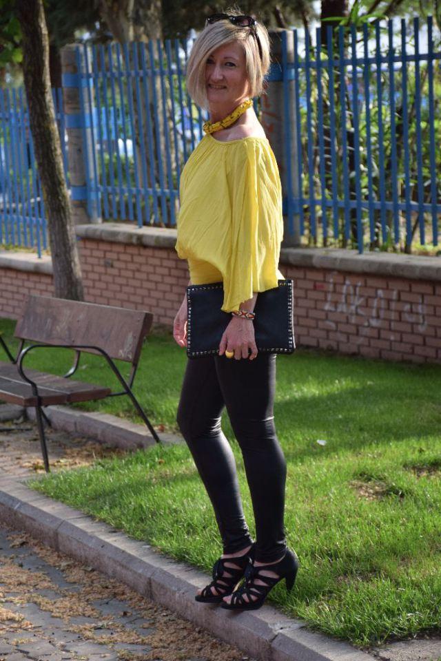 Yellow blouse and black leggins
