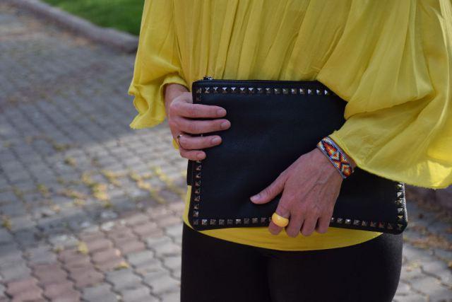 Yellow blouse and black leggins