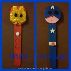 marionetas DIY con palitos de helado y goma eva. Capitán Amércia / Iron Man