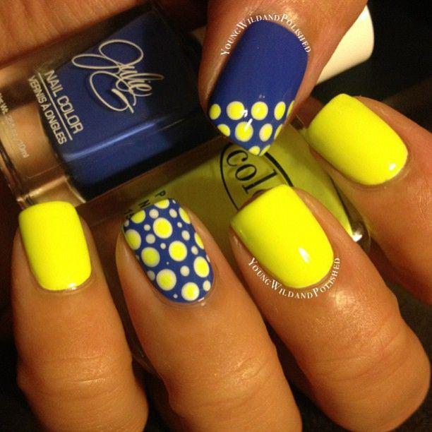 uñas decoradas amarillo neon y azul