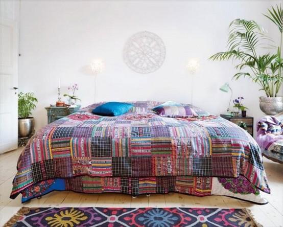 amazing-boho-bedroom-with-comfortable-assorted-color-king-bed-and-soft-blue-cushion-also-unique-silver-pots-and-simple-wooden-night-table-with-sweet-white-table-lamp