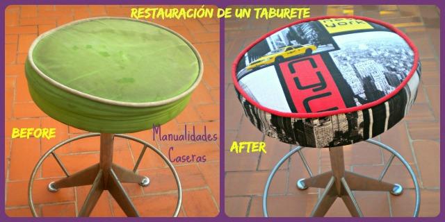 Manualidades Caseras Inma_ restauración de un taburete_ El antes y el después del taburete
