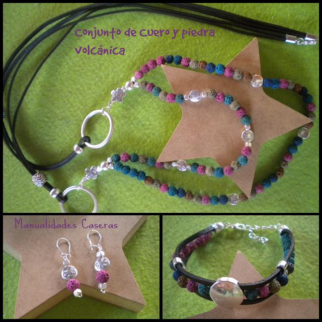 Manualidades Caseras Inma_ Conjunto de cuero y piedra volcanica_collar pendientes y pulsera
