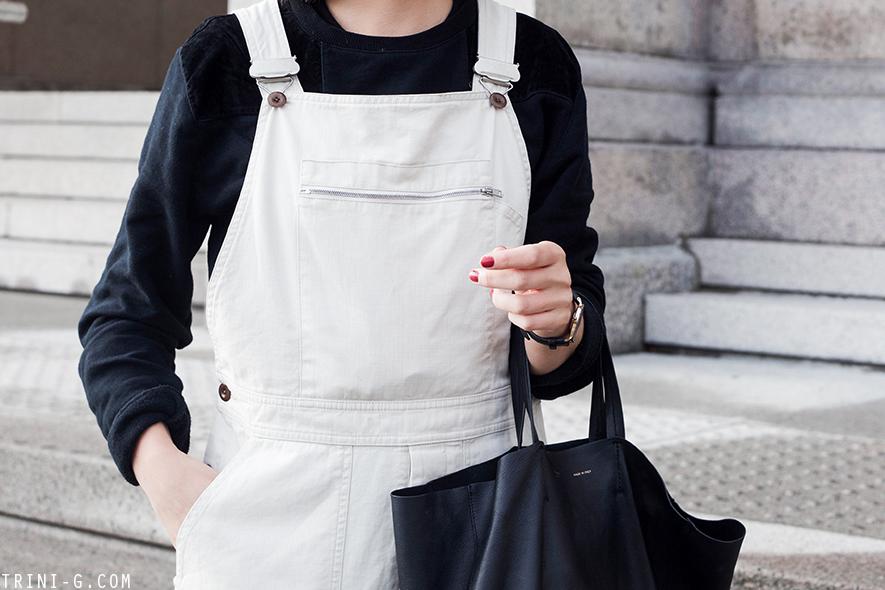 Margaret Howell dungarees Adidas Gazelle sneakers