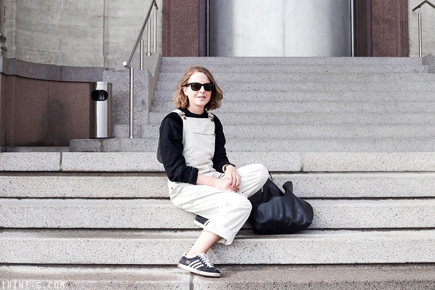 Trini | Margaret Howell dungarees Adidas Gazelle sneakers