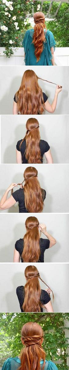 hermoso cabello largo recogido con trenzas alrededor del pelo