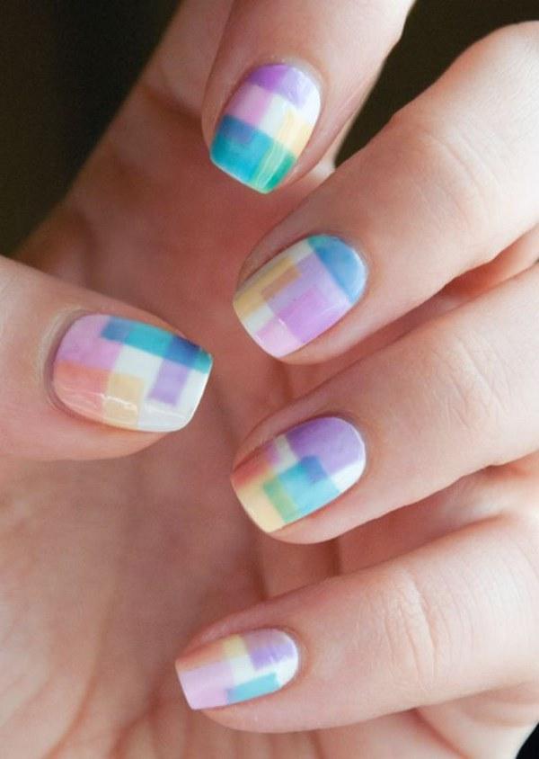 diseño de uñas cuadriculado color pastel