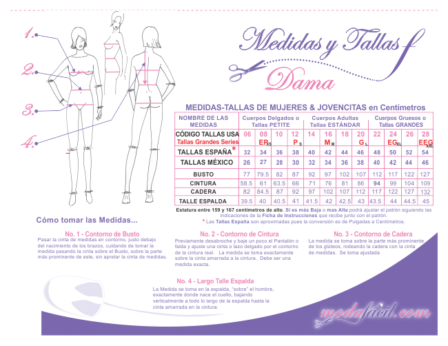 Descarga gratis los cuadros de tallas y medidas de los patrones Modafacil.com
