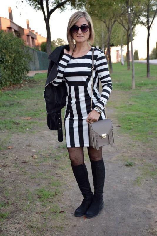 Tall boots and striped dress