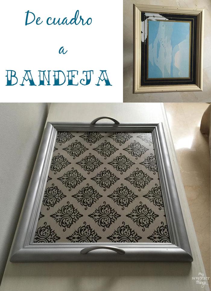 Como transformar un cuadro en una bandeja | Reciclando un viejo cuadro con papel de regalo con dibujos de damascos | Via www.sweethings.net