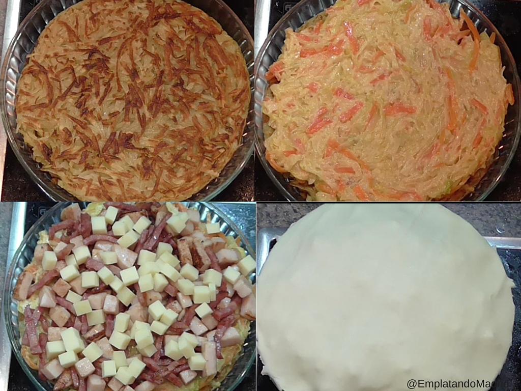 Armando el pastel de verduras, carne y queso