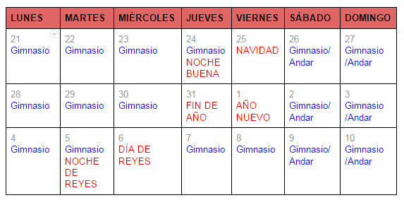 Calendario de ejercicio en navidad