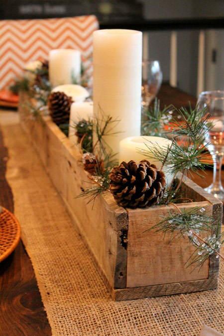 mesas de Navidad - Caja de madera y velas