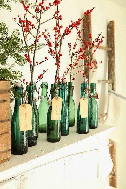 mesas de Navidad - botellas y ramas