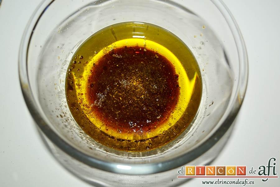 Ensalada de caracolas y confit de pato, en un bol poner una parte de vinagre por tres de aceite, sal en escamas y pimientas molidas