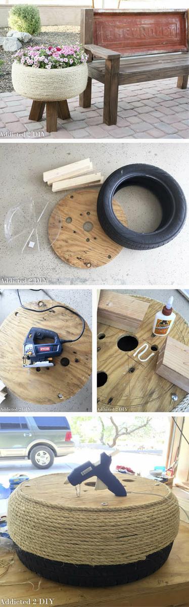 DIY macetero con rueda y cuerda