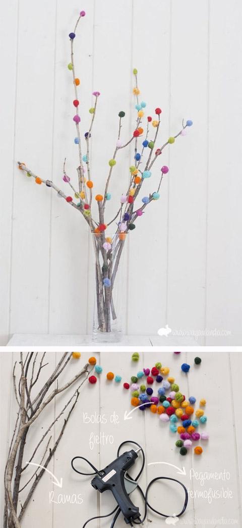 DIY ramas con pompones de colores