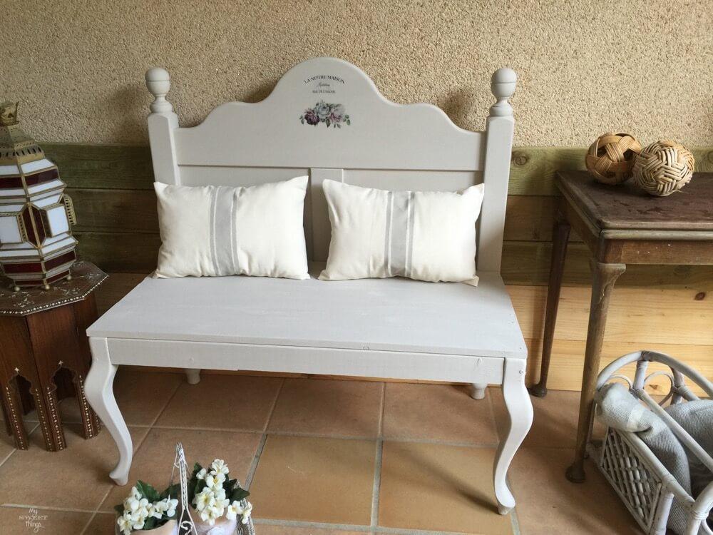How to repurpose a headboard into a bench and make it French style with a graphic and some grain sack style pillows