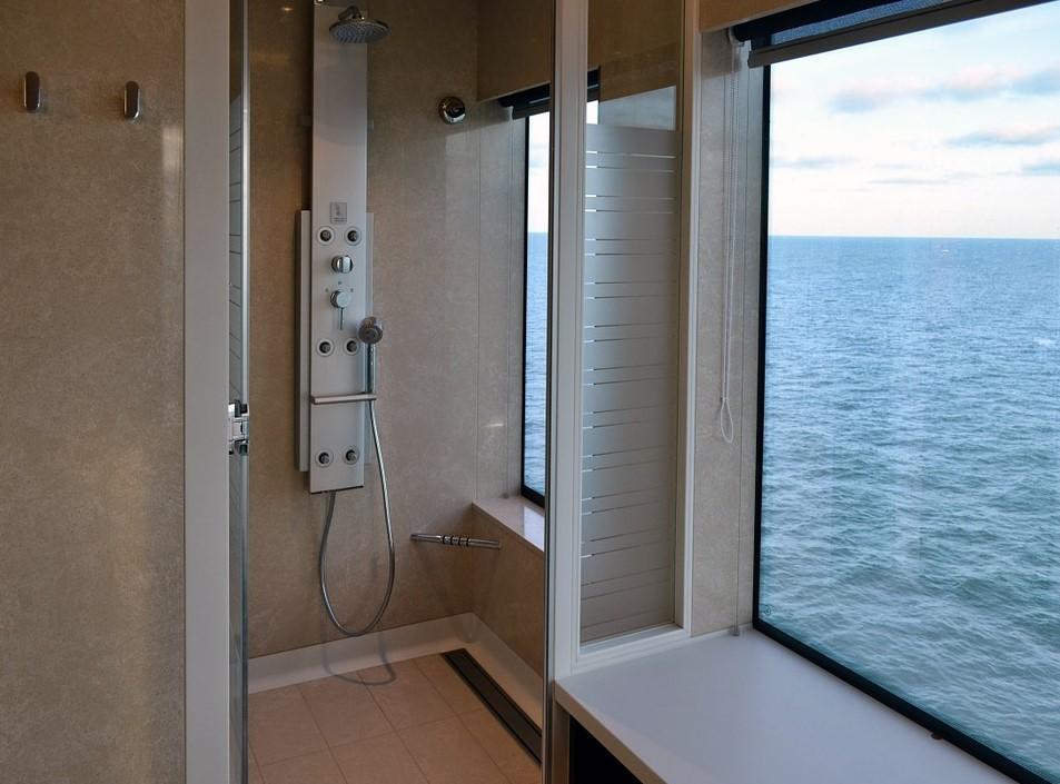 bañera por una ducha. Ducha con amplios ventanales con vistas