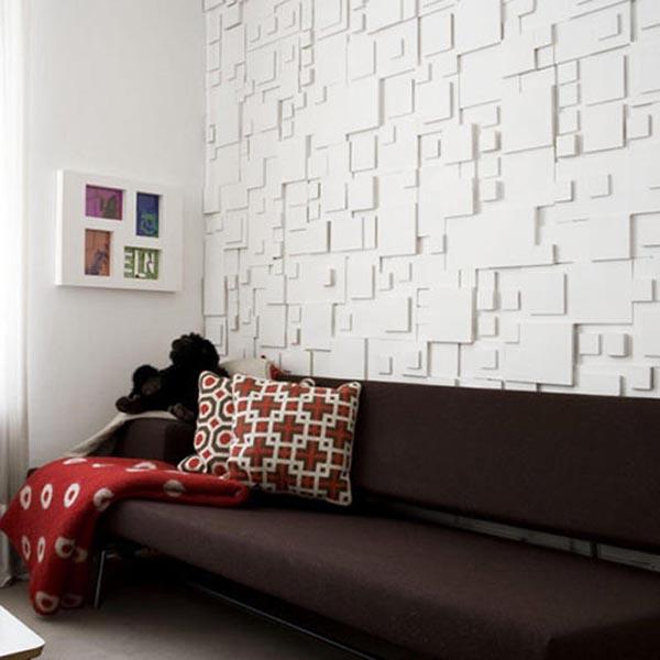 White living room abstract geometric textured feature wall brown designer sofa sheer curtains real home L etc 09/2007 not used