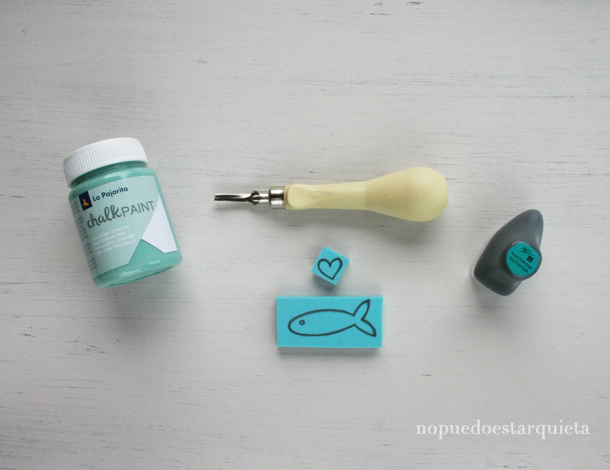 Materiales para decorar una tote bag diy con carvado de sellos y chalk paint