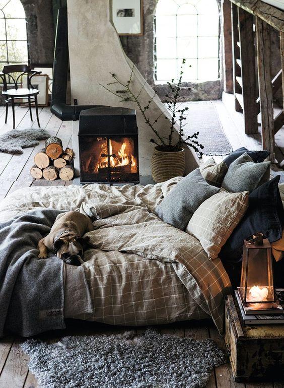 Dormitorio de estilo industrial de una casa con perros