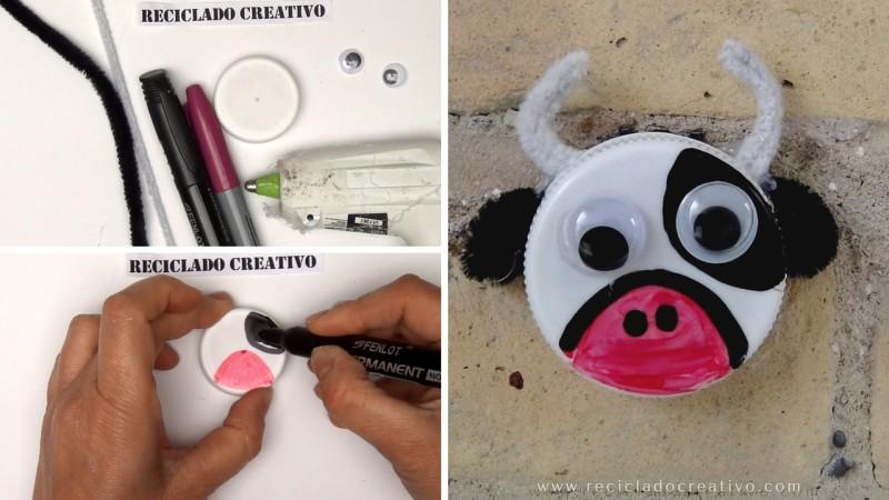 DIY Vaca Manualidad con niños con tapa de botella de plástico