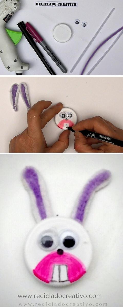 Reciclaje y manualidades para niños. Conejo con tapones