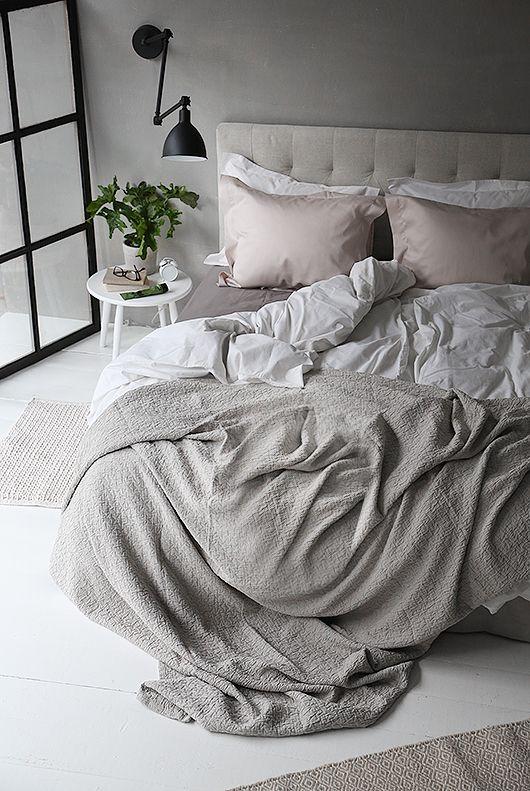 Grey and a bit of pink. Soft and sweet bedroom