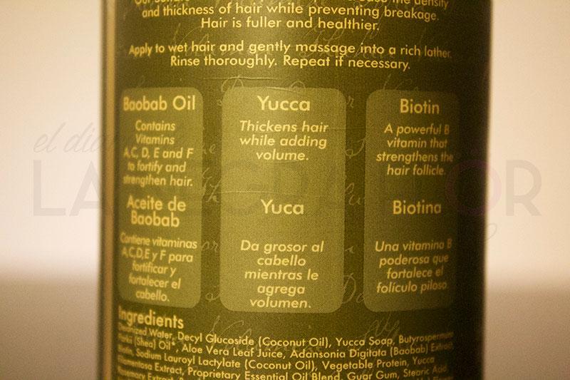 Ingredientes del champú Yucca & Baobab Thickening de Shea Moisture.