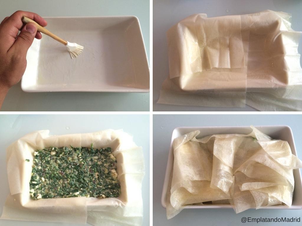 Montamos las capas de pasta filo en una fuente de horno