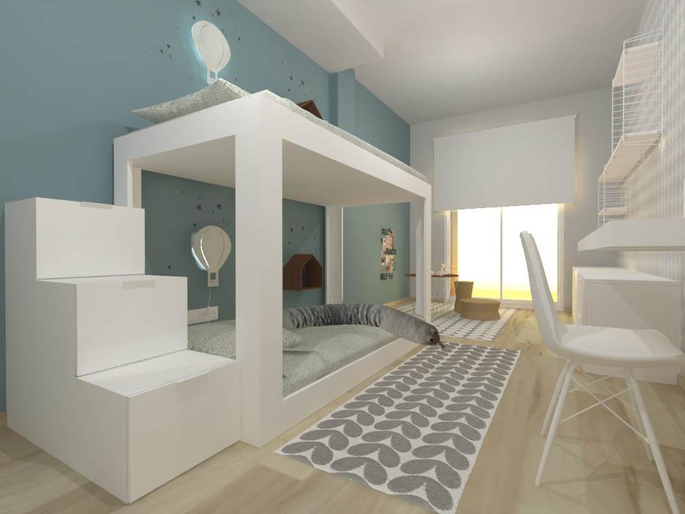 Imagen proyecto 3D habitación juvenil moderna Cubo harlequin