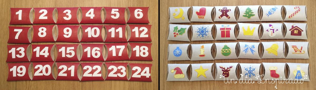 Calendario de adviento con rollos de papel