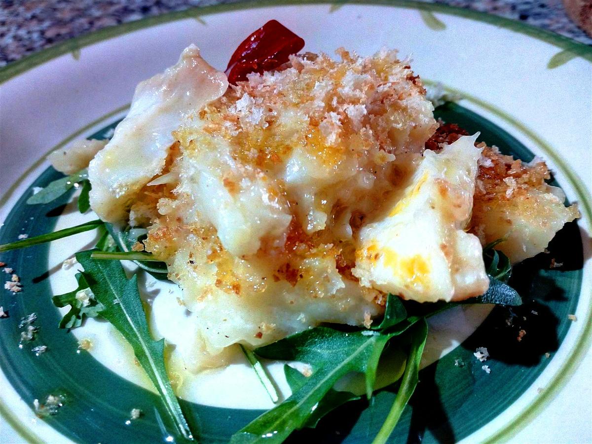 Bacalao gratinado al horno con cebolla - Baccalá alla cappuccina - Breaded baked cod fish recipes