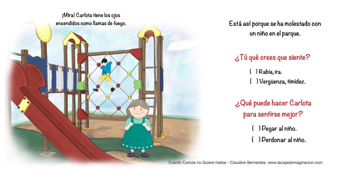 cuento infantil ilustrado Carlota no quiere hablar, cuentoterapia, interactivo