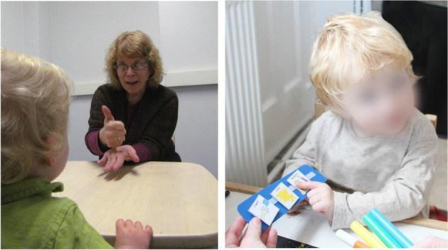 Comunicación Aumentativa y Alternativa intervenciones (AAC). Enseñanza de idiomas para niños y terapeuta con leguaje de signos (izquierda). Imagen del sistema de Exchange Communication (PECS) formación (derecha) vs. leguaje de signos (SLT) que utiliza imitación conductista y métodos que prentenden enseñar a los niños a usar la mano, el brazo, la cara, y otras acciones del cuerpo para producir comunicaciones simbólicas. El Sistema de Comunicación por Intercambio de Imágenes (PECS) utiliza métodos conductistas para enseñar a los niños a repartir una o más imágenes en una variedad de socios de comunicación, con el fin de solicitar artículos / actividades, responder a preguntas sencillas, y comentarios.
