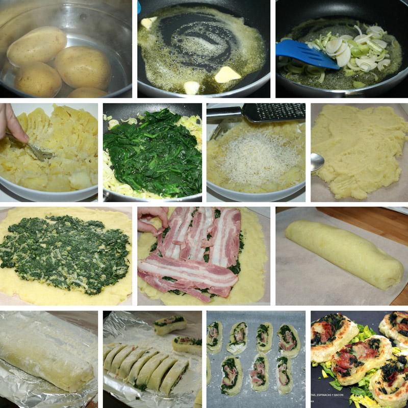 receta de rollo de patatas, espinacas y bacon