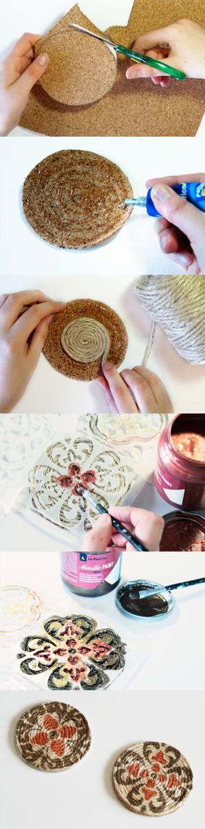 posavasos con cuerda y pintados con stencil paso paso