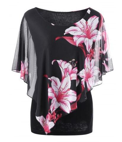 Camisetas de verano estampadas talla grande 2017 - camiseta de flores en negro y rosa