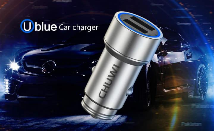 cargador usb para el coche barato CHUWI Ublue C car charger cargador para el auto metalizado con 2 entradas o puertos USB y luz led azul para la noche compatible con iOS Android y la mayoría de smartphones, tablets y dispositivos electrónicos del mercado