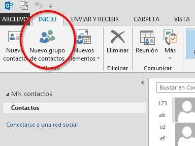 nuevo grupo de contactos outlook 2016
