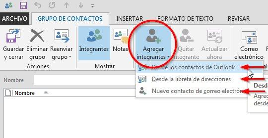 agregar integrantes del grupo de contactos outlook 2016