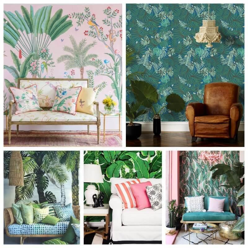 decorar el salón con papel pintado tropical