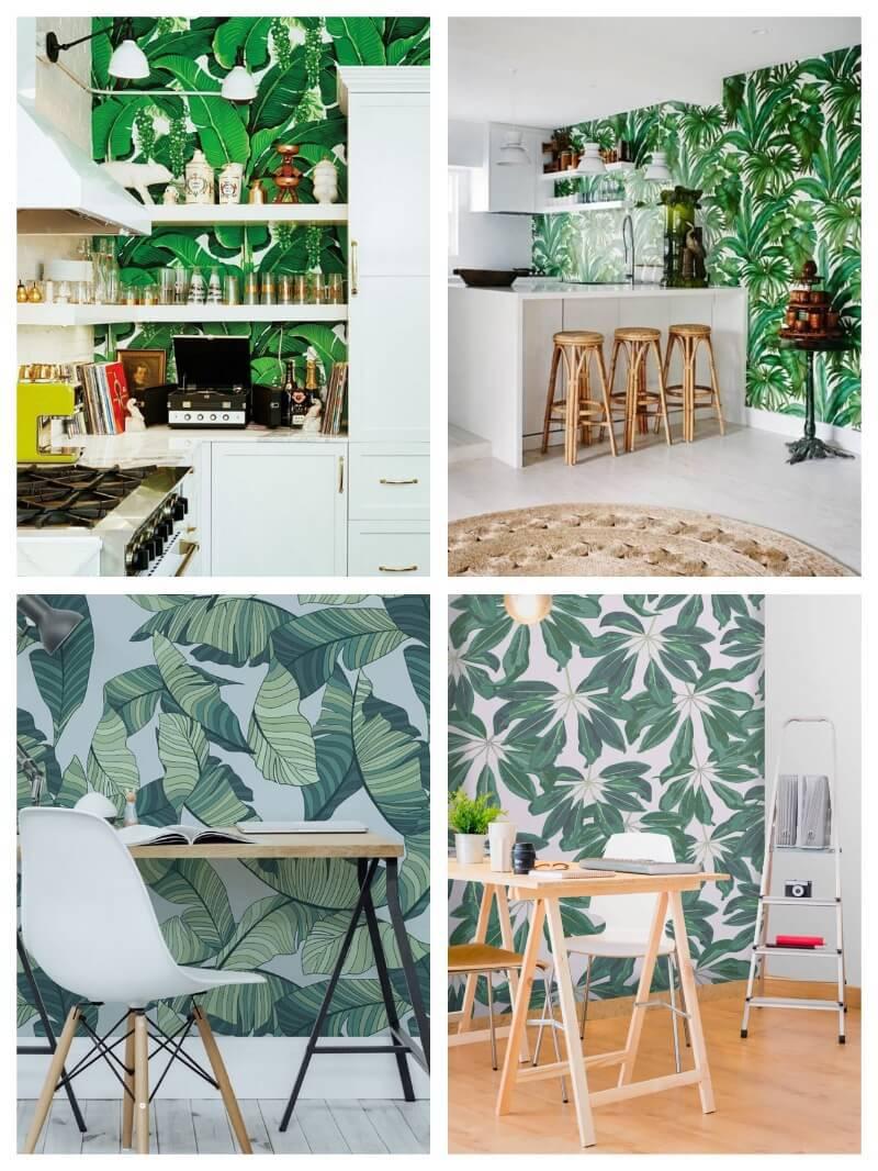 decorar la cocina o el despacho con papel pintado tropical