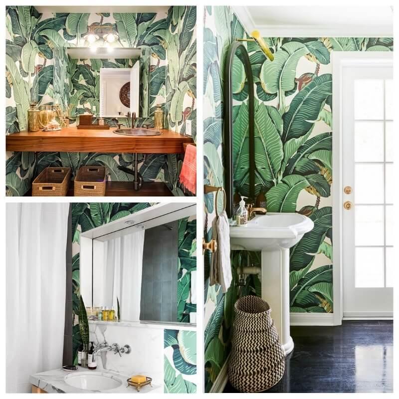 decorar el baño con papel pintado tropical