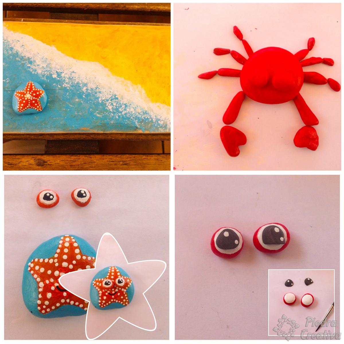 DIY cangrejo y estrella de mar en piedras pintadas