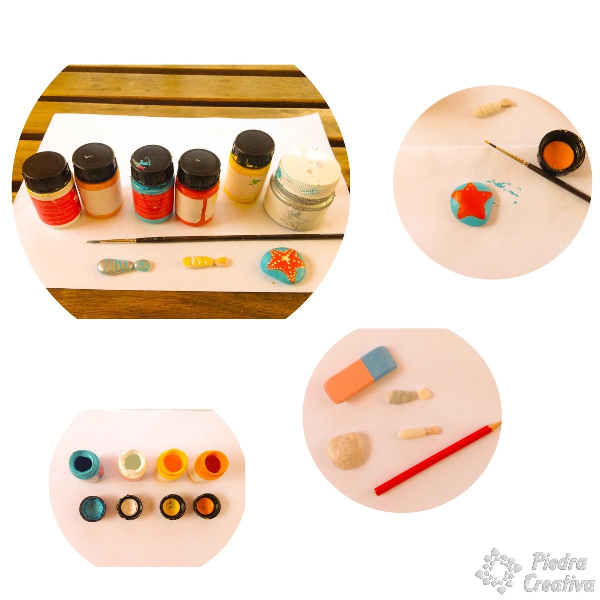 Materiales para pintar los peces y estrella de mar en piedras