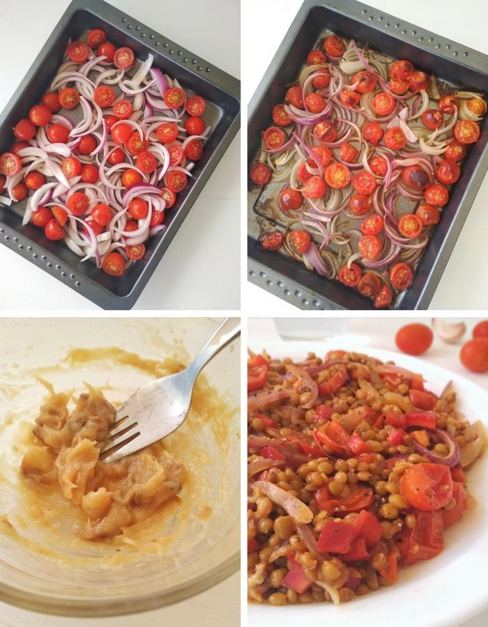 ensalada de lentejas con tomate y ajo asados