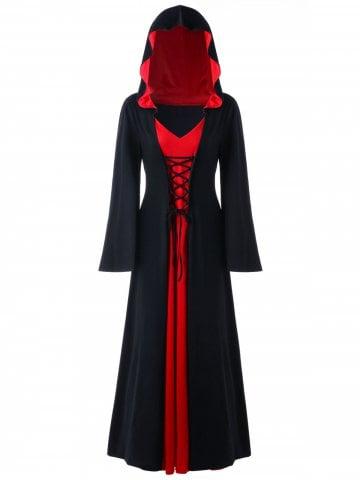Fashion Halloween Plus Size Lace Up Hooded Maxi Dress RED WITH BLACK 5XL